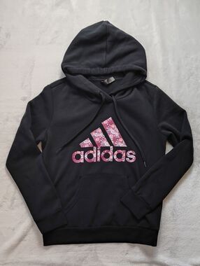 adidas Youth Black Pullover Hoodie with Floral Print Logo Size Medium
